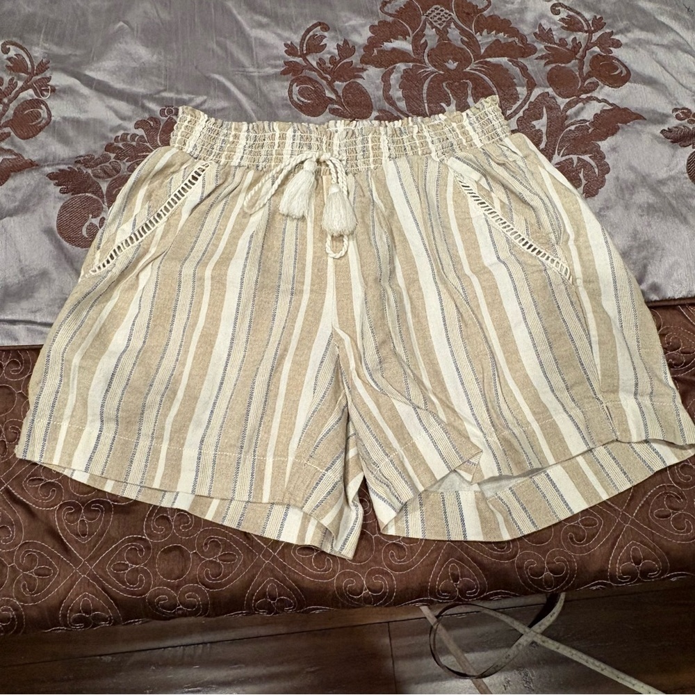 Briggs Linen Blend Striped Pull On Shorts Small Beige Tassel Drawstring - Picture 3 of 9